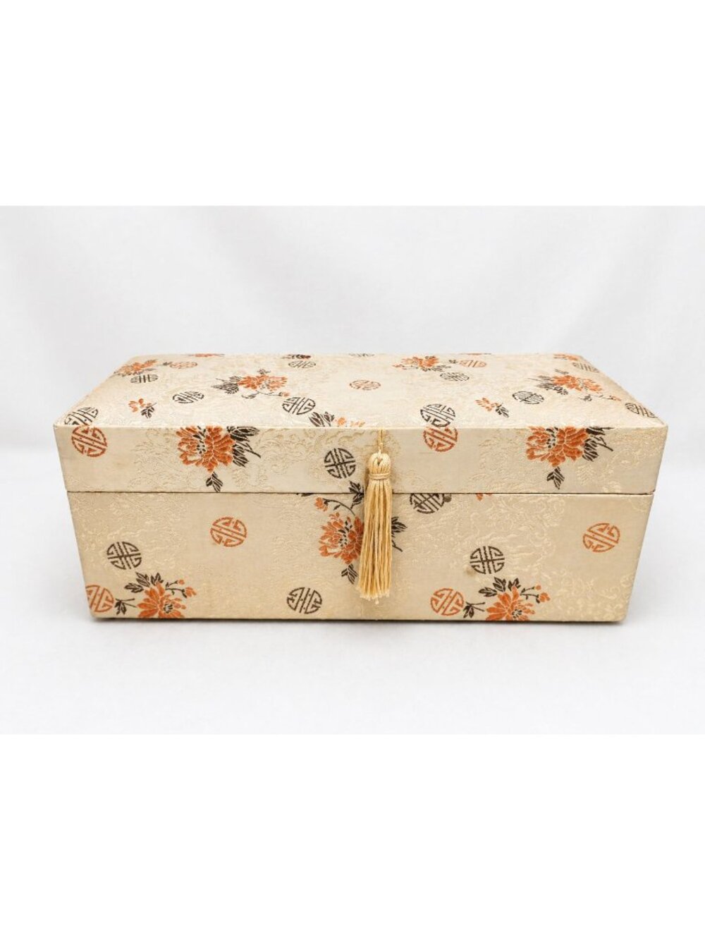 Vintage Musical Jewelry Box Floral Fabric Plays Sacred Lotus Seed Hinged Mirror